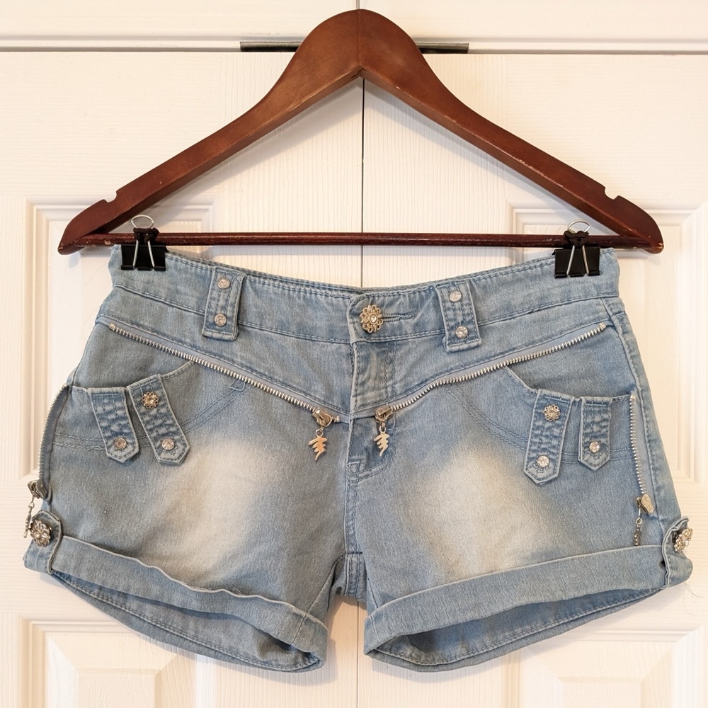 Light Blue Women's Denim Jean Shorts with Decorative Zippers